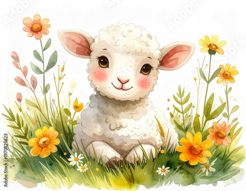 Sweet baby lamb watercolor with grass and blooms, cartoon style, gentle colors, isolated on white background