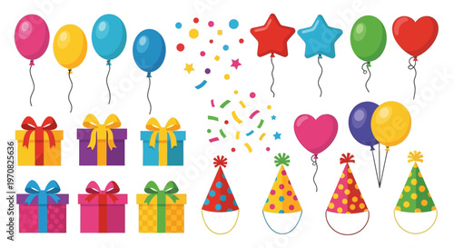 Colorful birthday celebration elements balloons gifts hats confetti
