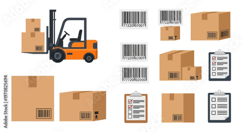 Warehouse logistics and shipping concept with cardboard boxes barcode labels forklift and checklists