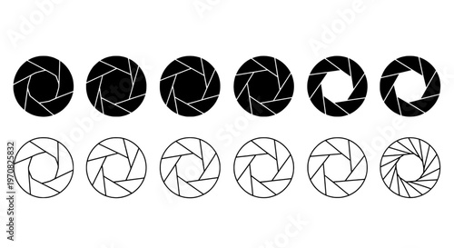 Camera aperture icons set with black and white circular shapes and geometric lines, representing photography and optical design