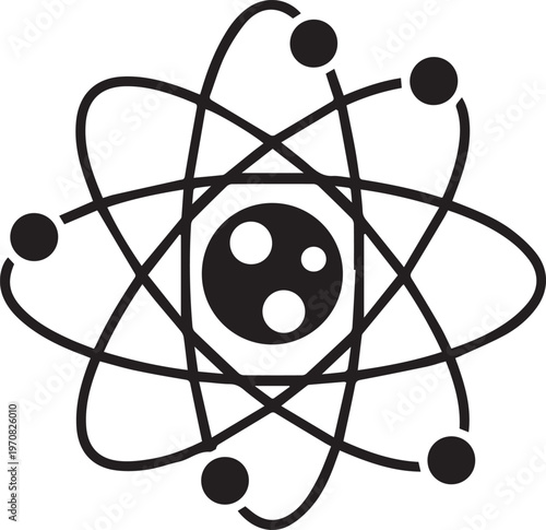 Atom, atomic structure, science icon, black and white vector, educational symbol, chemistry diagram element