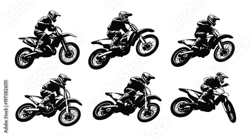 Five motocross riders on dirt bikes in a black and white illustration