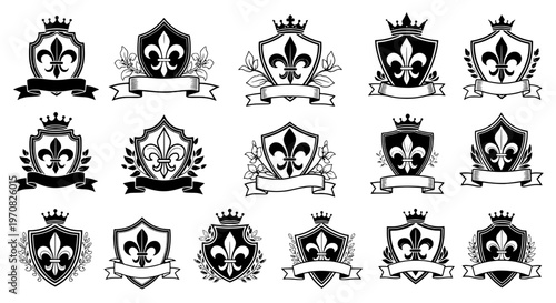 Shield heraldic set with fleur-de-lis, crowns, and ribbons in black and white featuring crown, ribbon, vector graphics with logo elements and coat of