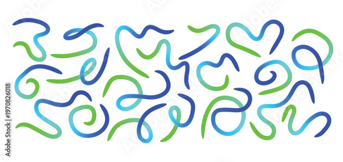 Set of vibrant abstract curved lines with smooth gradients in blue and green, modern fluid shapes collection.