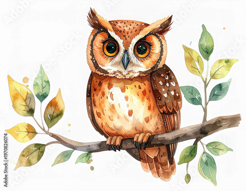  Sweet owl watercolor on branch, cartoon style, gentle colors, cute woodland bird, isolated on white background