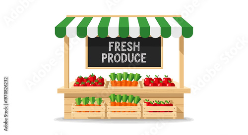 Fresh produce market stand with fruits and vegetables.