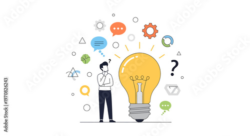 Man having an idea with lightbulb and symbols.