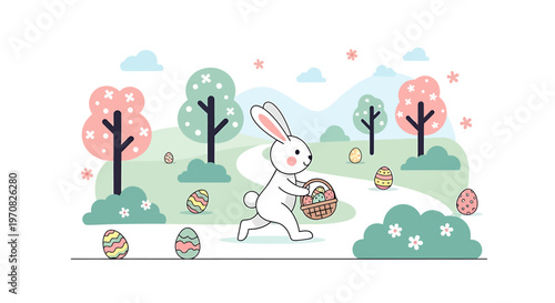 Easter bunny collecting colorful eggs outdoors.