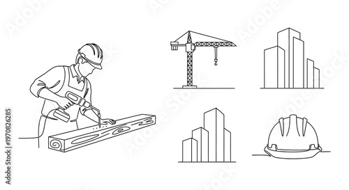 Construction worker sketches plans near a building site with a crane