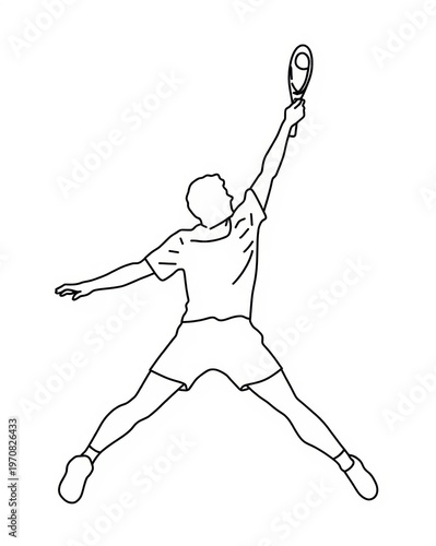 A black and white line drawing of a male tennis player performing an overhead smash in the air isolated on white background