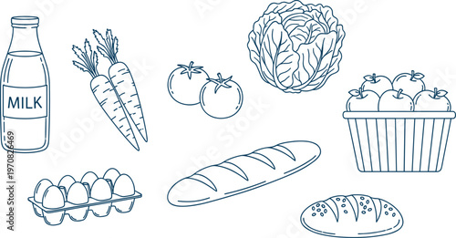 Grocery food hand drawn outline vector set with milk bread eggs vegetables and fruits for market and kitchen design