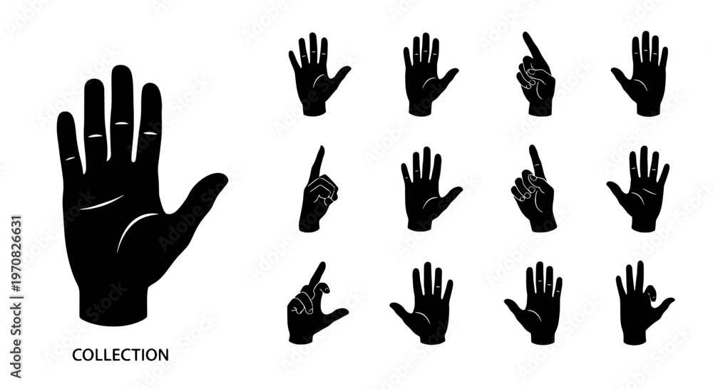 Fototapeta premium Hands black silhouette set with various gestures and signs, including pointing and waving featuring hand, gesture, sign with icon and icons elements