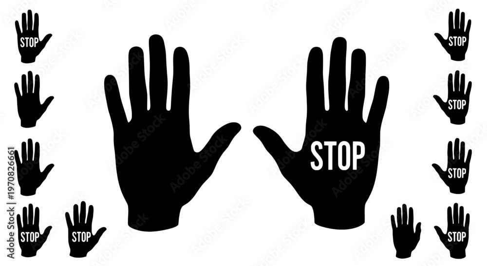 Fototapeta premium Hands stop sign with black silhouettes and text featuring warning, prohibition, safety with gesture and communication elements for symbol, icon