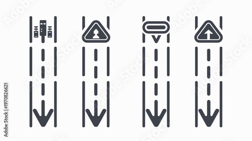 Collection of road sign icons with various symbols indicating directions and potential hazards