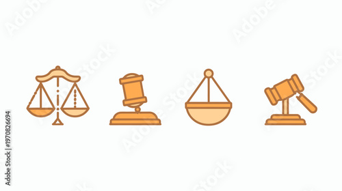 Four stylized icons representing legal concepts. Gold and brown colored images with thick outlines on white