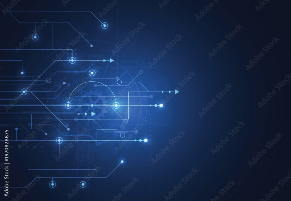 Fototapeta premium Blue digital network abstract background with glowing lines and circular nodes