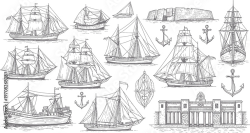 Sailing Ships Anchors Nautical Illustration Set