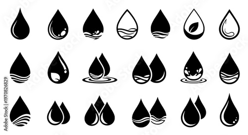 Droplets icon set with black and white teardrop shapes and wavy lines, ripples, and reflections on water surface