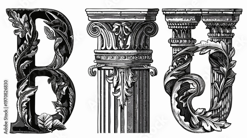 Artistic black and white illustration of the letters "B" and "U" with a classical column in between