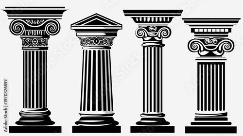Four black and white illustrations of classical columns with distinct architectural styles