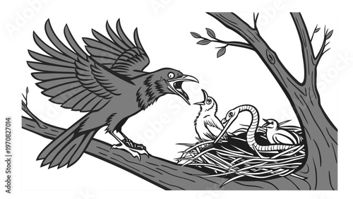  Mother Crow Fighting Off Snake.