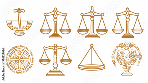 Collection of eight line art illustrations, featuring varying styles of balance scales and related symbolism