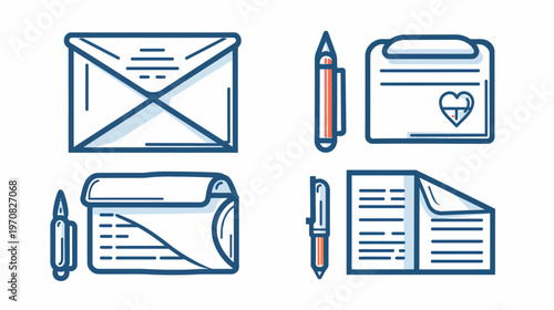 Simplified graphic of stationery, including envelopes, pens, and paper, rendered in a line style