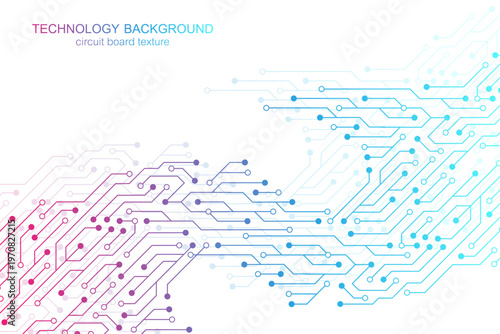 Colorful circuit board texture with pink, purple, blue and white lines and dots on white background technology
