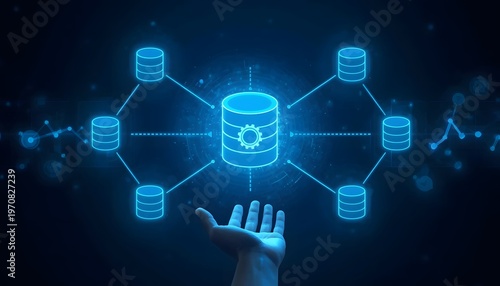 Hand presenting a bright, futuristic database network concept glowing, illuminated, blue, light,