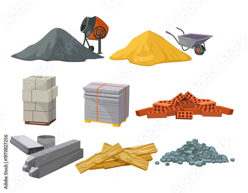 Construction including cement mixer sand pile bricks concrete blocks and wooden planks