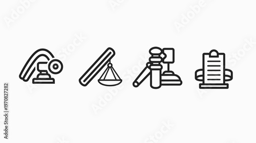 Collection of four simple black and white line art icons depicting various legal elements