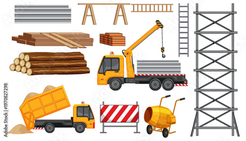 Construction site equipment and including a crane truck dump truck scaffolding ladders lumber and a cement mixer