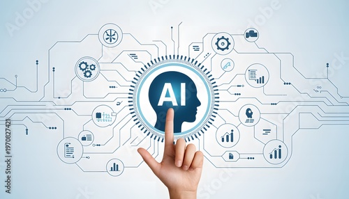 Artificial intelligence concept , graphic, design, blue, computer, systems, connectivity white with a hand interacting with a digital brain.