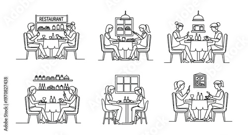 Line art depicting a restaurant scene with a chef and dining guests