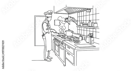 Line art depicting a restaurant scene with a chef and dining guests