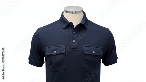A classic dark blue polo shirt featuring two functional chest pockets for a sophisticated style. isolated on white background