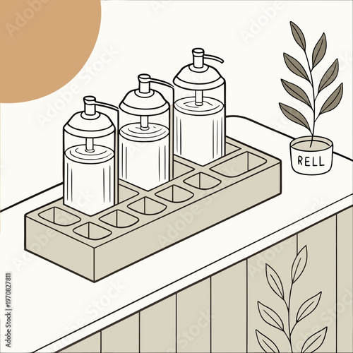 A minimalist vector illustration of a kitchen counter with condiment dispensers and a plant