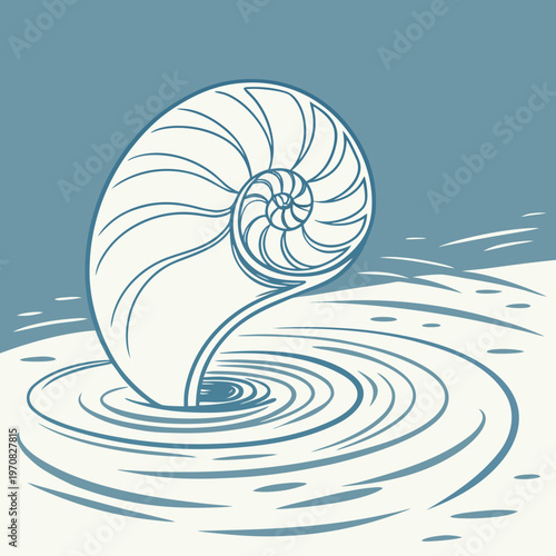 A minimalist illustration of a nautilus shell in water with ripples