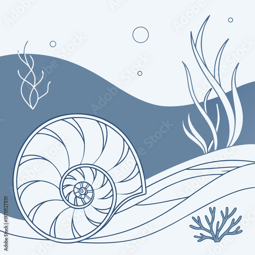 A minimalist vector illustration of a nautilus shell underwater with seaweed and coral
