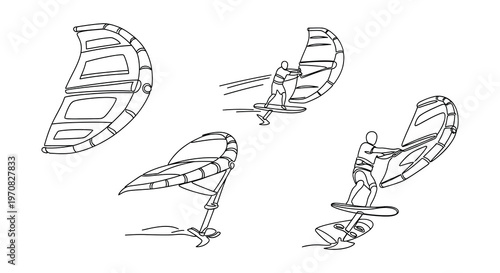 Line art illustrations depicting windsurfers in dynamic poses on water