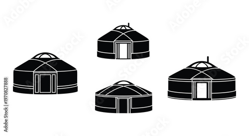 Black and white illustration of traditional yurts in varying perspectives