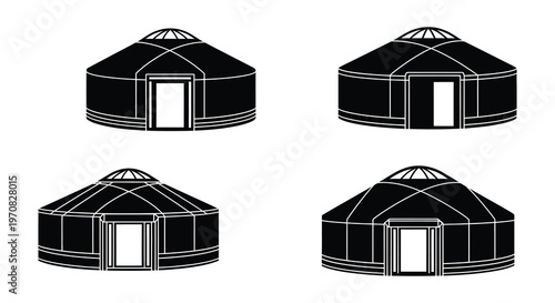 Black and white illustration of traditional yurts in varying perspectives