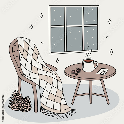 A cozy winter scene with a chair, table, and steaming cup of coffee by the window