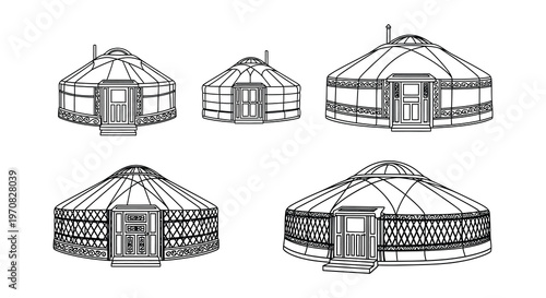 Black and white illustration of traditional yurts in varying perspectives