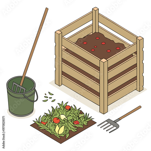 A vector graphic illustration of a compost bin with gardening tools and organic materials