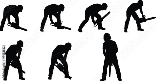 Collection of black silhouettes featuring a male worker or lumberjack using a chainsaw in various working poses isolated on white background for industry.