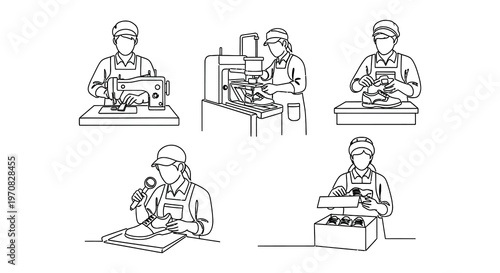 Line drawing depicts various workers engaged in shoemaking processes