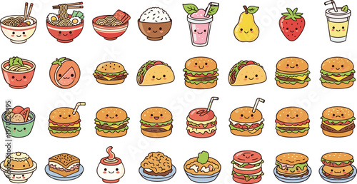 Cute fast food and meal collection with burgers tacos noodles rice bowls drinks and fruits cartoon vector illustration set isolated on white background