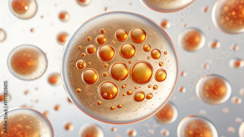 Adipose tissue cells shown as orange spheres with translucent membranes float in light background creating scientific and biological visual effect