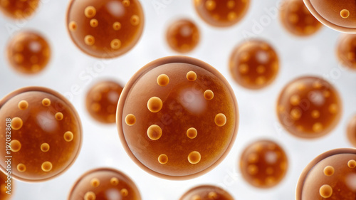 Adipose tissue cells shown close up with spherical shapes and smooth surfaces floating light background creating scientific and medical concept